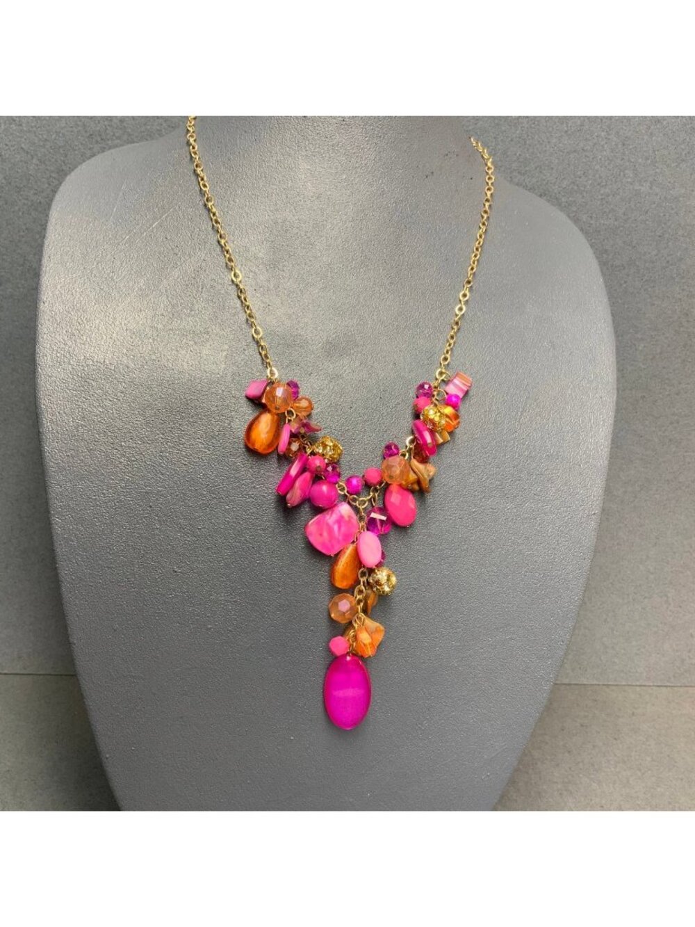 Chunky Y Drop Necklace 20 In Long Gold Chain Pink Orange Gold Beads Faceted MOP